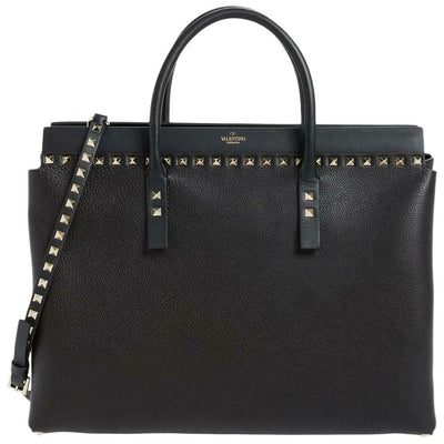 Valentino Medium Rockstud Double Handle Satchel Black Leather Shoulder Bag