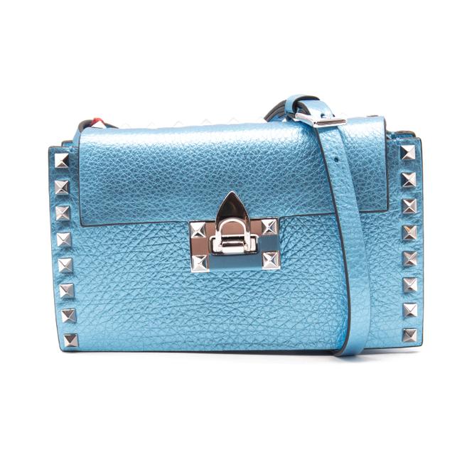 Valentino Small Rockstud Metallic Blue Leather Shoulder Bag
